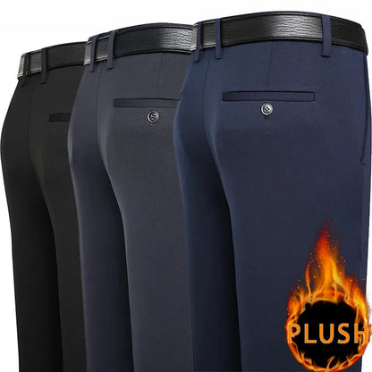 New Winter Plush Pants Mens Stretch Smart Casual Trousers Black Navy Blue Straight Loose Man Big Size Dress Suit Pants