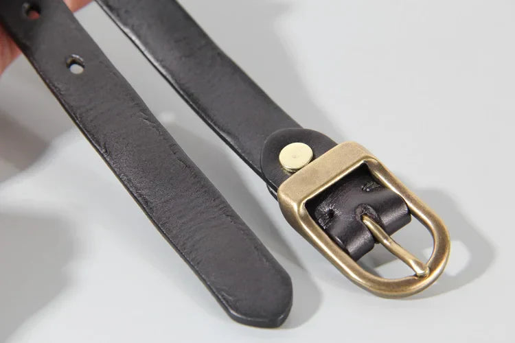 Retro Narrow Cowhide Women's Belt Pure Copper Button Top Cowhide All-match Casual Jeans Belt High Quality Luxury Women Belt