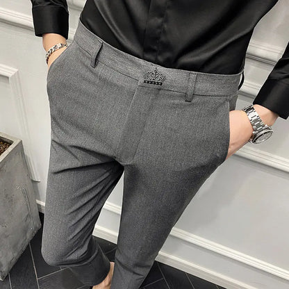 Men's Slim Fit Chino Pants with Embroidered Design - Classic Korean Style Casual Trousers for Daily Wear 28-42