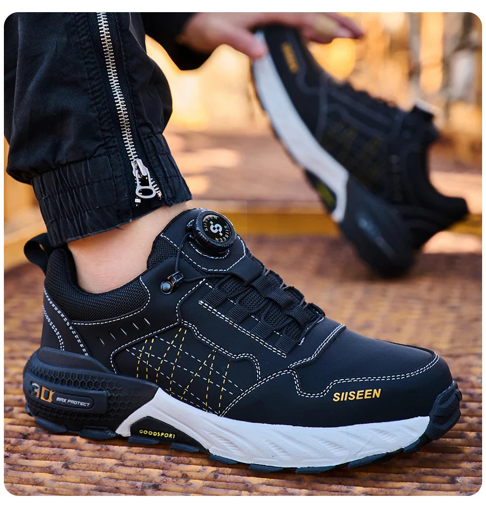 Men's safety shoes with anti - impact steel toes, puncture - resistant Kevlar, and rubber anti - slip soles for industrial work.