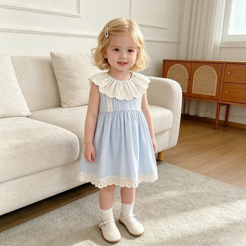 2026 Summer Girls New Korean Lace Collar 2-6Yrs Girl Dress Baby Girl Stylish Sleeveless Dress Girls Princess Korean Dress