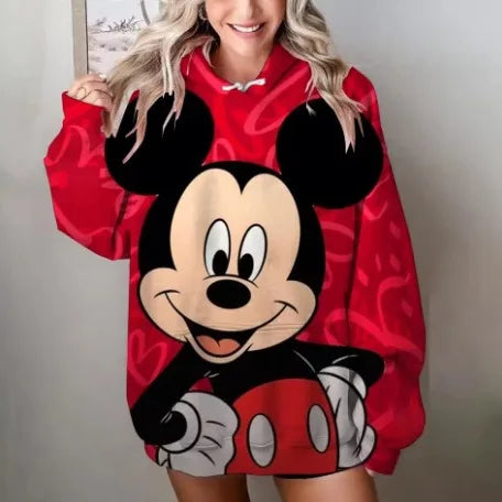 Mickey Mouse Red Hoodie Women 2025 Autumn Oversized Printed Pullover Casual Streetwear Disney Y2K Aesthetic Fashion Comfortable