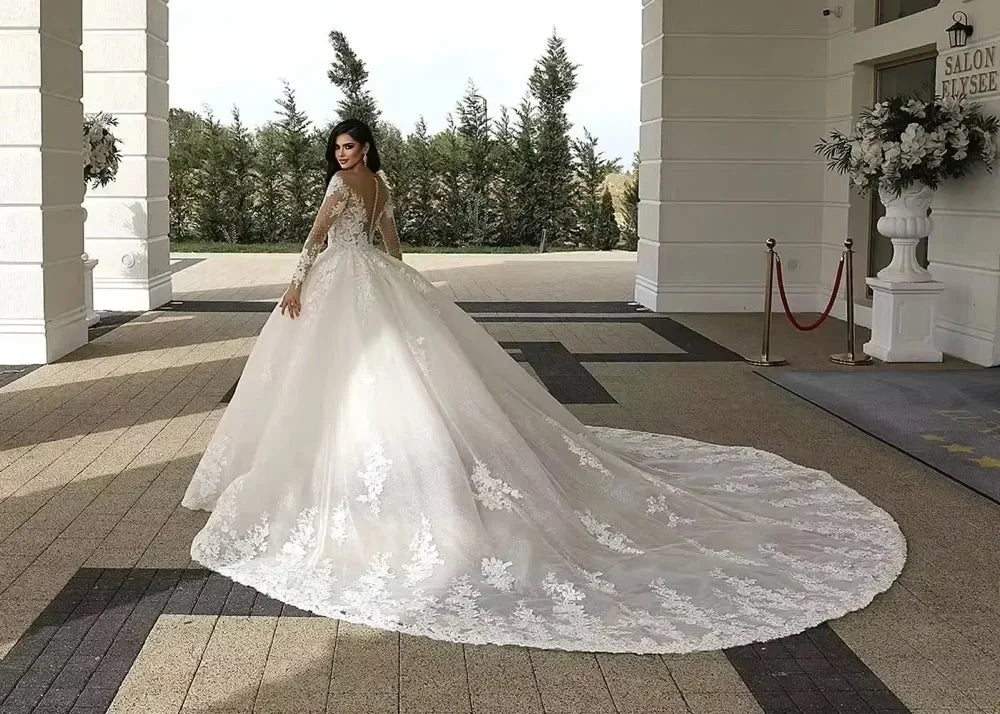 Customized Illusion Neck Church Wedding Dresses Long Sleeve Robe Lace Beading Bride Dress Ball Gown Women Vestidos de novia