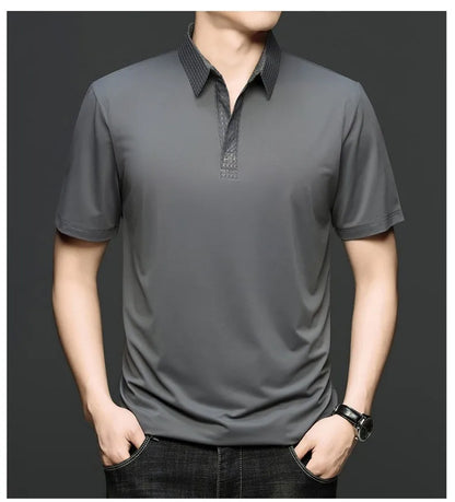 Fashion V-neck short sleeve T-shirt men's summer solid color silky smooth breathable personalized jacquard buttonless polo shirt