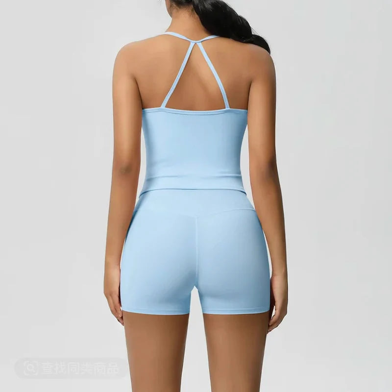 Women's yoga exercise set, popular slim shoulder yoga vest paired with high waisted, waist hugging, naked yoga three part shorts