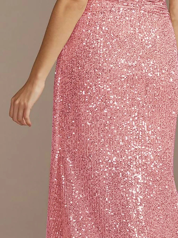 Luxury Pink Floor Length V-Neck Evening Dress 2025 Women Elegant Party Maxi Dress Sequin Short Sleeves Prom Cocktail Gowns