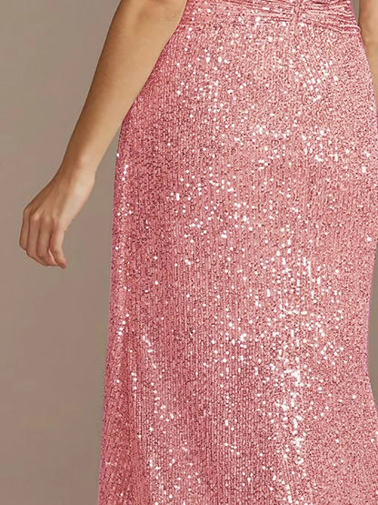 Luxury Pink Floor Length V-Neck Evening Dress 2025 Women Elegant Party Maxi Dress Sequin Short Sleeves Prom Cocktail Gowns