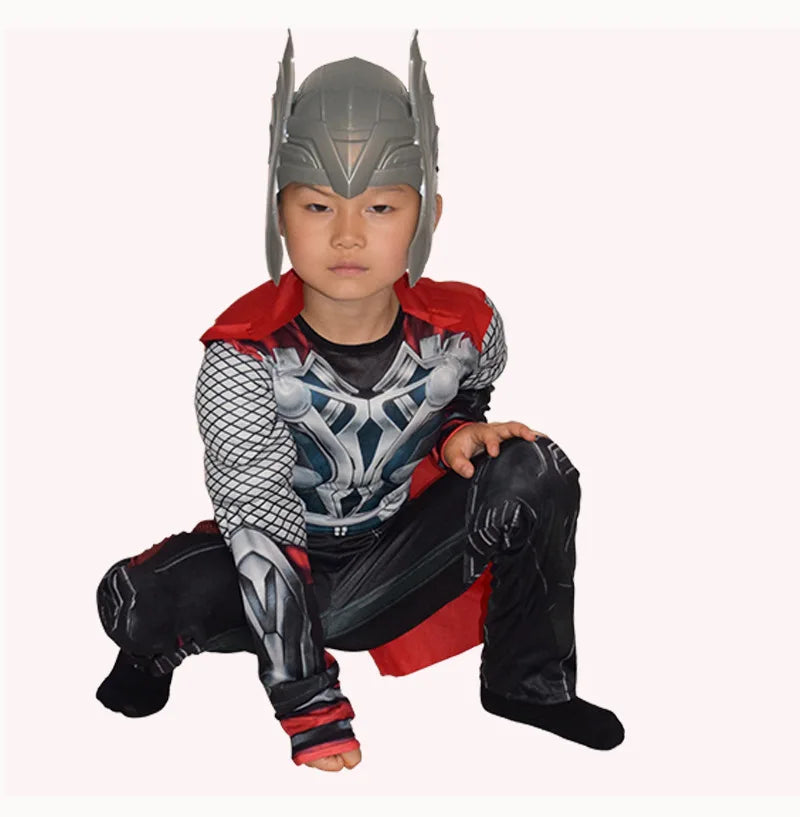 Halloween Carnival Clothes for Children Kids Thor Muscle Costume Superhero Thor Cosplay Muscle Costume Jumpsuit Mask Performance
