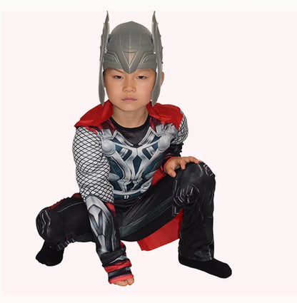 Halloween Carnival Clothes for Children Kids Thor Muscle Costume Superhero Thor Cosplay Muscle Costume Jumpsuit Mask Performance