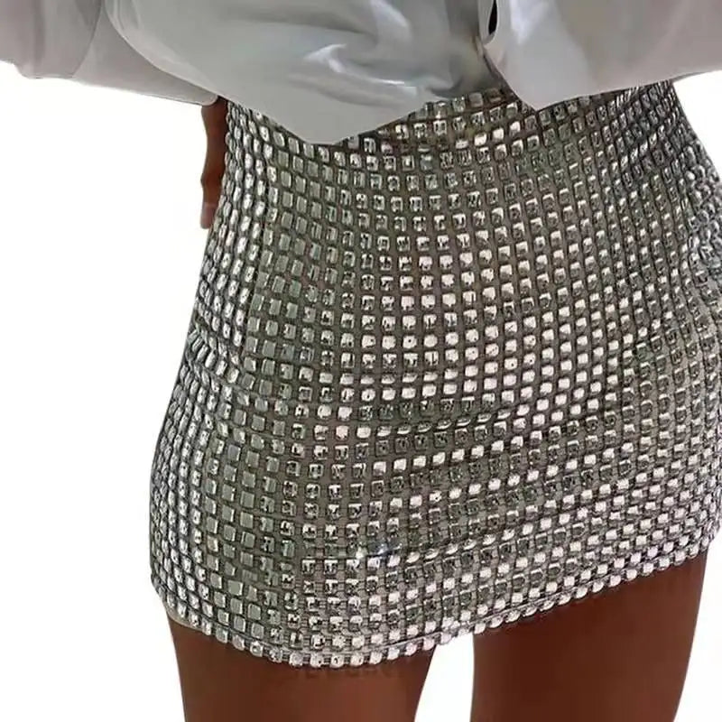 Summer Women Sequined Slim A-Line Skirt Ladies Wrap Hip Solid Sliver Mesh Skirt Female Casual Above-knee Sexy Fashion Skirts