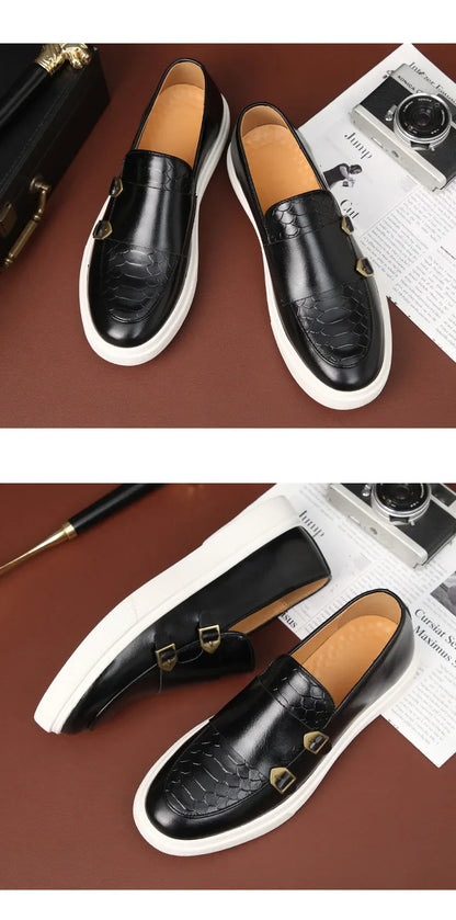Fashion Men's Casual Shoes Snakeskin Grain Leather Men Retro British Style Loafers Monk Shoes Mens Slip-on Outdoor Driving Flats