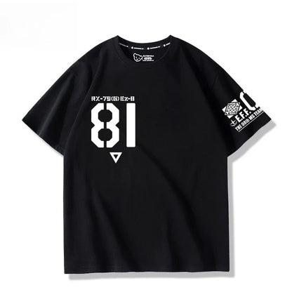 Mobile Suit Gundam 08MS Squad Ez-8 Logotipo Anime Periférico Conjunto Manga Curta Camiseta Roupas Masculinas e Femininas Verão