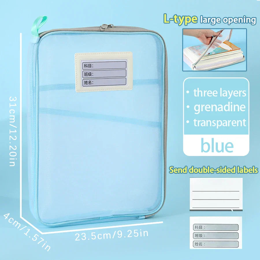 1 Pcs A4 Transparent File Subject Classification Thickened 5 Colors Mesh Simple Hand Storage Bag
