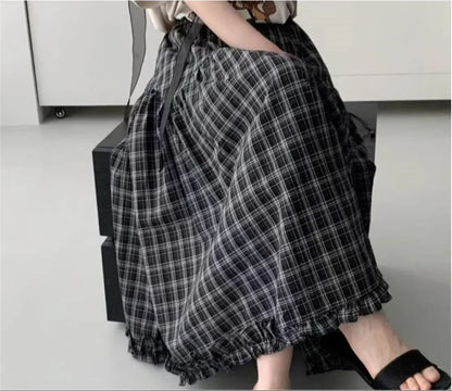 Retro Black Plaid High Waist A-Line Midi Skirt Women's Summer New Korean Fashion Maxi Skirt Lace Trim Umbrella Skirt Streetwear