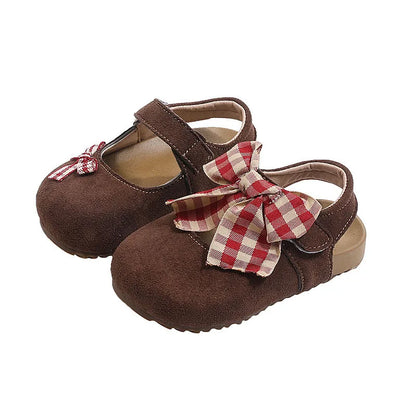 New Summer Kids Baotou Sandals 23-34 Size Sweet Checkered Bow Girls Princess Shoes Soft Sole Children Nude Shoes