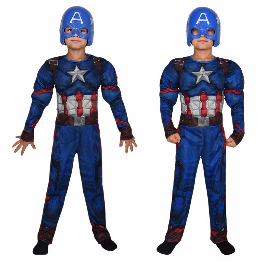 2025Kids Anime Superhero Costume Captain America Muscle Jumpsuit with Shield and Mask Cloak for Halloween Carnivals Cosplay Suit
