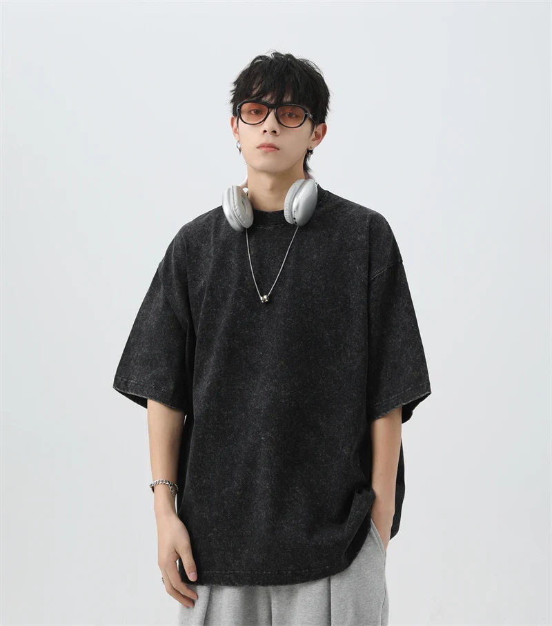 Japanese Korean Style Stir Fried Snowflake Washed T-Shirts Men Women Cotton Heavyweight Summer Hip Hop Streetwears Short Sleeved