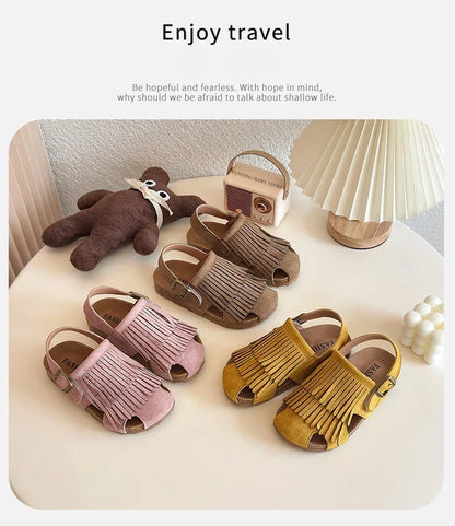 Summer Peep Toe Tassel Children Shoes Girls Sandals Soft Bottom Flat Heel Buckle Girl's Shoes Back Strape Slingbacks Shoe I05285