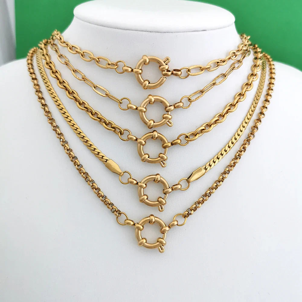 Spring Sailor Clasp Necklace Women Men Choker Stainless Steel Geometric Paperclip Link Chain Rolo PVD Gold Color Wholesale