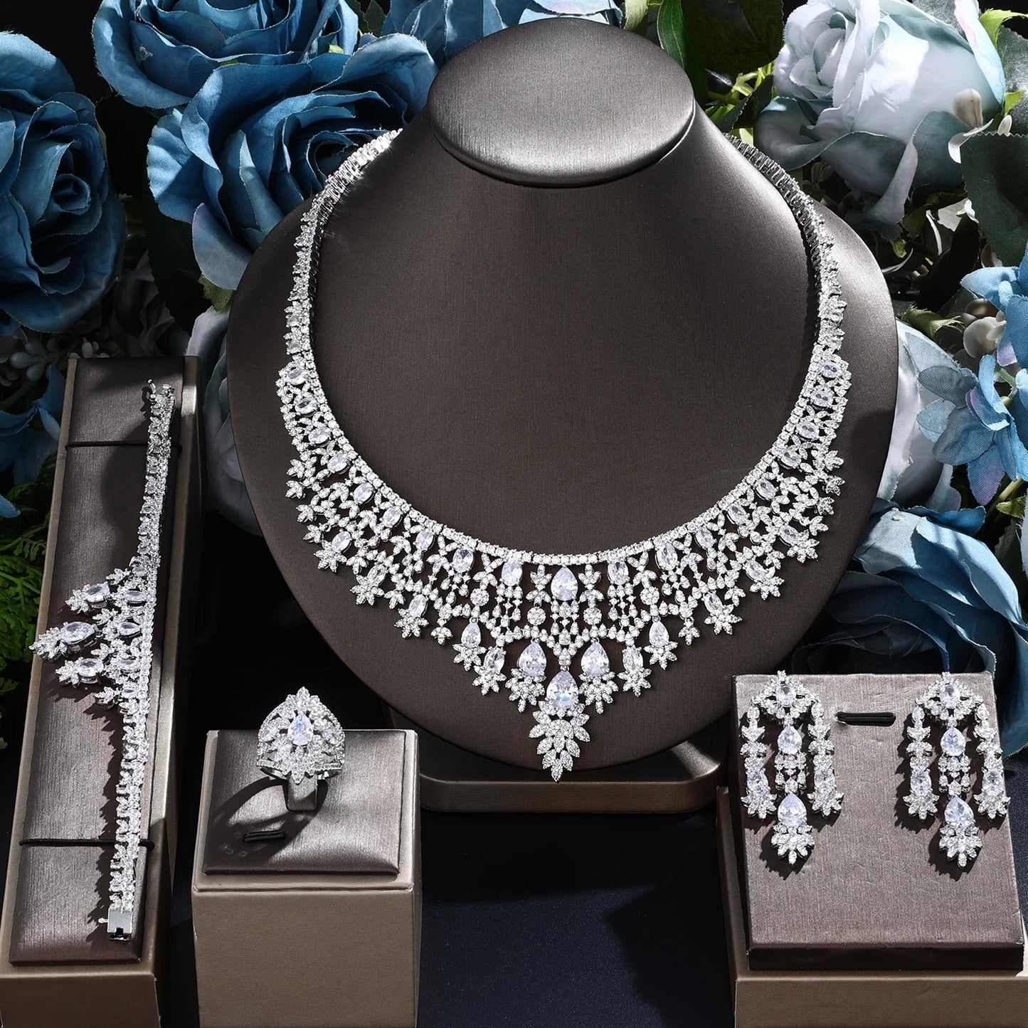2024 Novo Conjunto de Joias de Luxo 4 Peças com Zircônia Cúbica para Noiva, Conjunto de Colar com Cristais, Conjunto de Joias de Dubai, Nigéria