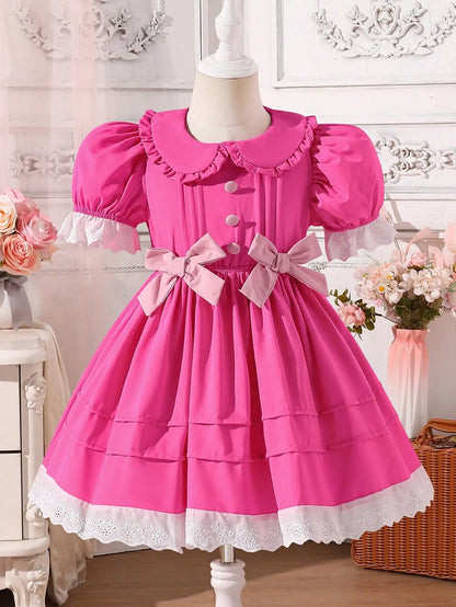 Little Girl's Romantic and Elegant Ladylike Rose-Red Princess-Style Dress, Decorated with Bows, Stylish Puff Sleeves, Suitable for Birthday Parties, Holiday Events, and Photography. Suitable for Little Girls Aged 4-7,