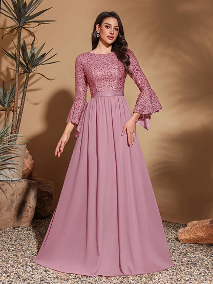 Round neck, sequined trumpet sleeves, spliced chiffon hem, elegant retro dress