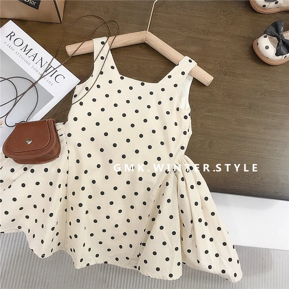 Girls Sleeveless Polka Dot Dress 2025 Summer New Children Vest Dress Baby Bow Princess Cotton Dress