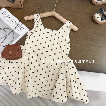 Girls Sleeveless Polka Dot Dress 2025 Summer New Children Vest Dress Baby Bow Princess Cotton Dress