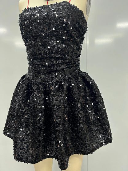 Sexy Shoulder Backless Sequin A-line Mini Dress for Women - Elegant Glitter Party Outfit for Graduation Cocktail Night Club