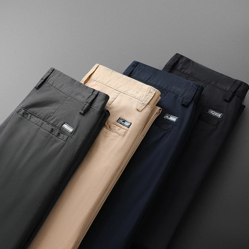 New Men's Business Cotton Thin Straight Pants Casual Elastic Slim Comfortable Male Brand Trousers Black Gray Khaki Royal Blue