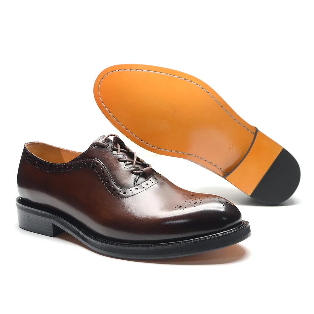 Classy Men's Oxfords Wedding Formal Shoes Handmade Genuine Leather Lace-up Brogue Round Toe Business Office Dress Shoes for Men