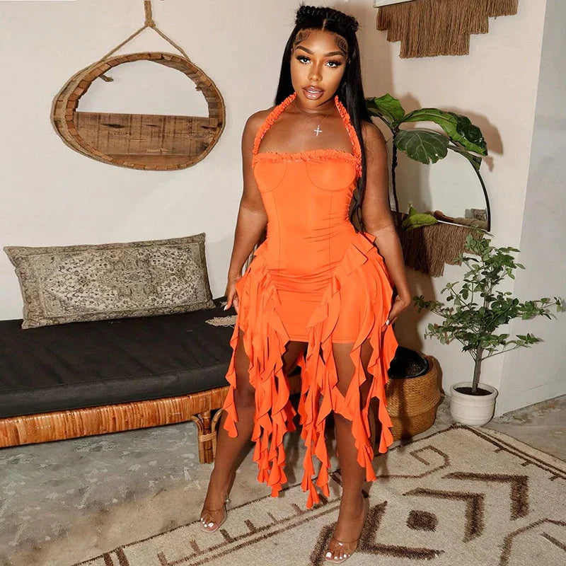 Elegant Halter Solid Ruffles Backless Taseel Sexy Slim Mini Dress Spring Women Cute Outfits Birthday Party Vacation