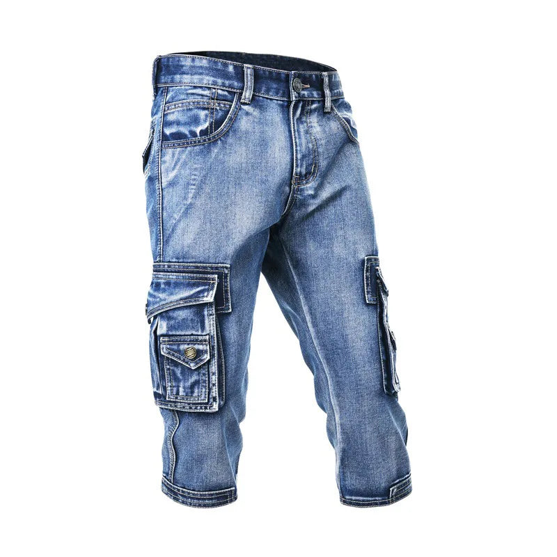 2025 New Summer thin stretch multi pocket workwear, slim fit denim shorts, cropped pants, casual jeans for men