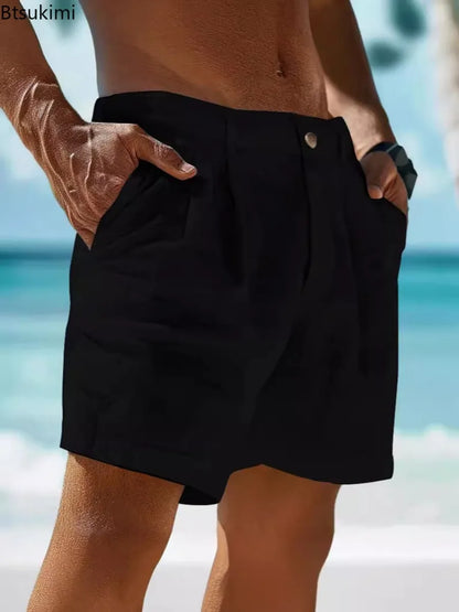 2026 Summer Cotton Linen Shorts for Men Solid Casual Button Pocket Beach Shorts Men's Comfortable Simple Vacation Leiture Pants