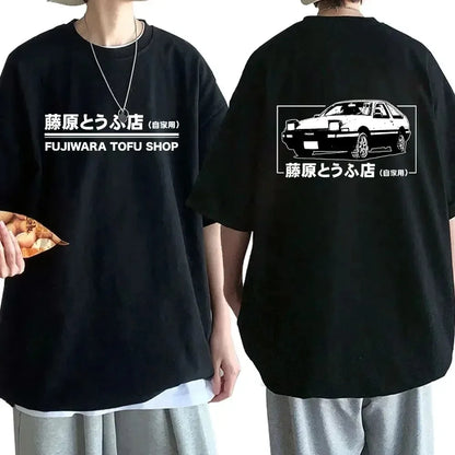 Anime Drift AE86 Initial D Double Sided T Shirt O-Neck Short Sleeves Summer Casual Unisex R34 Skyline GTR JDM Manga T-Shirts