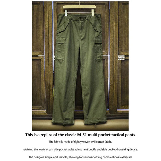 Vintage M51 multi-pocket tactical pants, men's pure cotton cargo pants, outdoor casual long pants for spring, autumn and winter