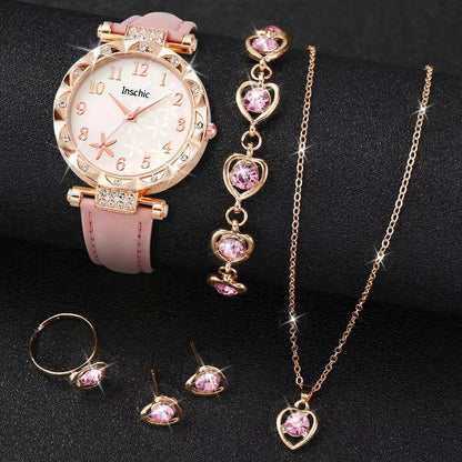 6PCS/Set Fashion Flowers Dial Women's Quartz Watch Leather Band Watches Rhinestone Jewelry Set（Without Box）