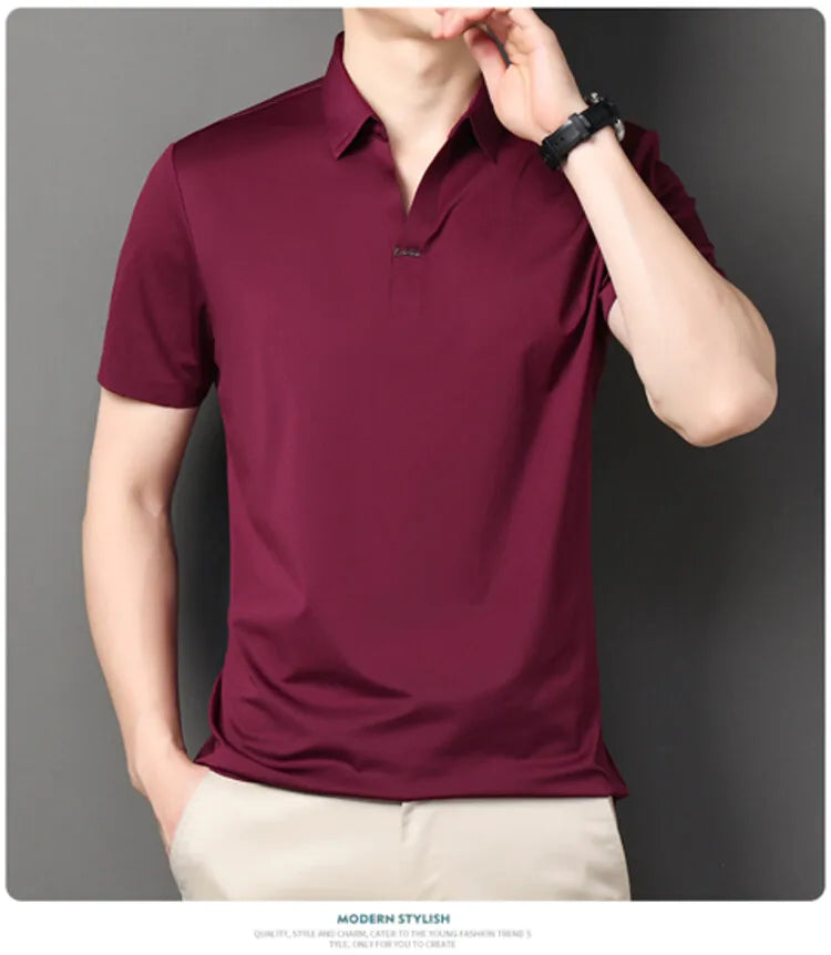 2024 High-quality Elastic Stretch POLO, Business Casual Men's Short-sleeved Shirt, Seamless V-neck M-4XL Men's Polo Shirt