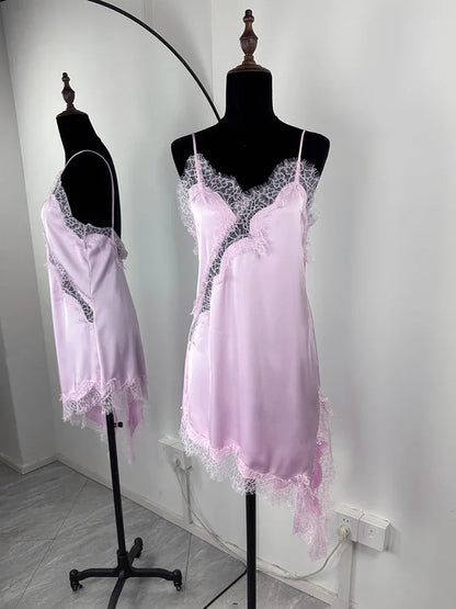 Lace Mini Spaghetti Strap Dress For Women Backless Slit Sexy Dress Evening Party Bodycon Female Elegant Dress High Waist