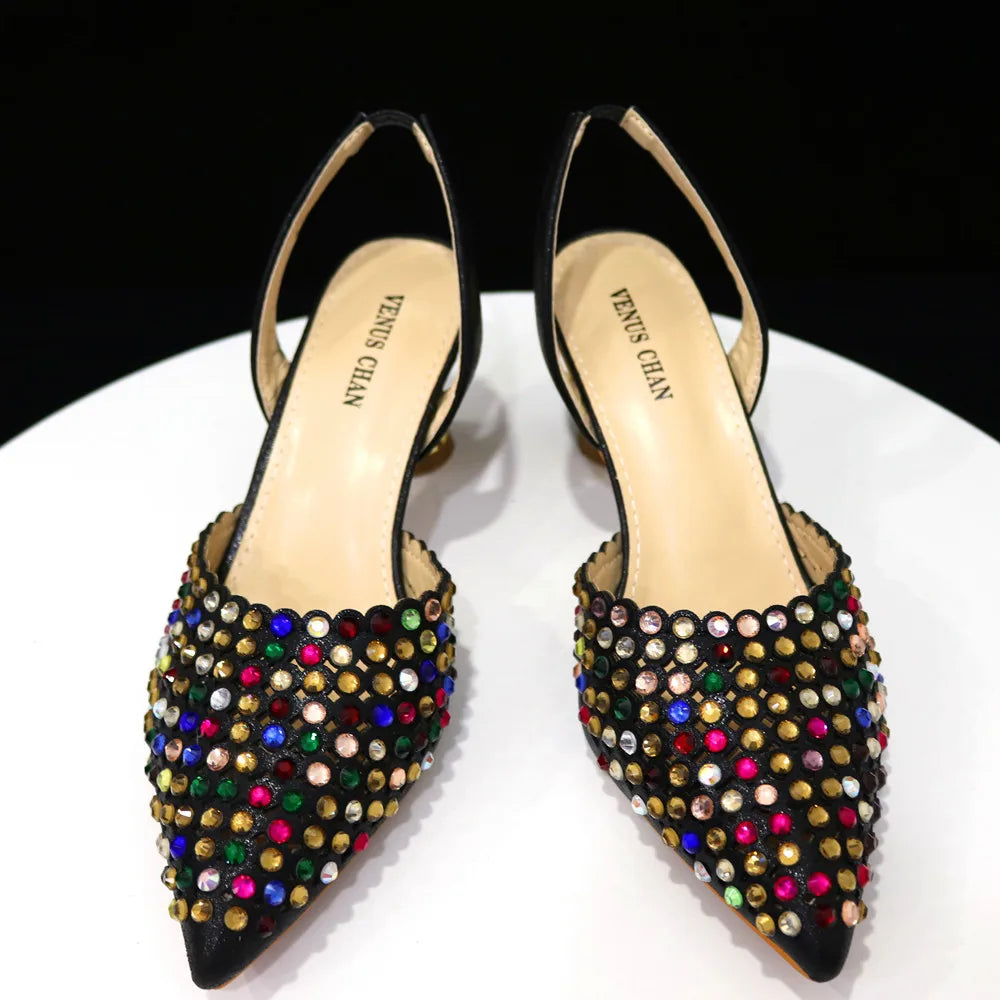 High Heels for Lady 2023 Luxury Designer Green Color Full Diamond Pointed Toe Wedding Shoe and Bag Set for Party