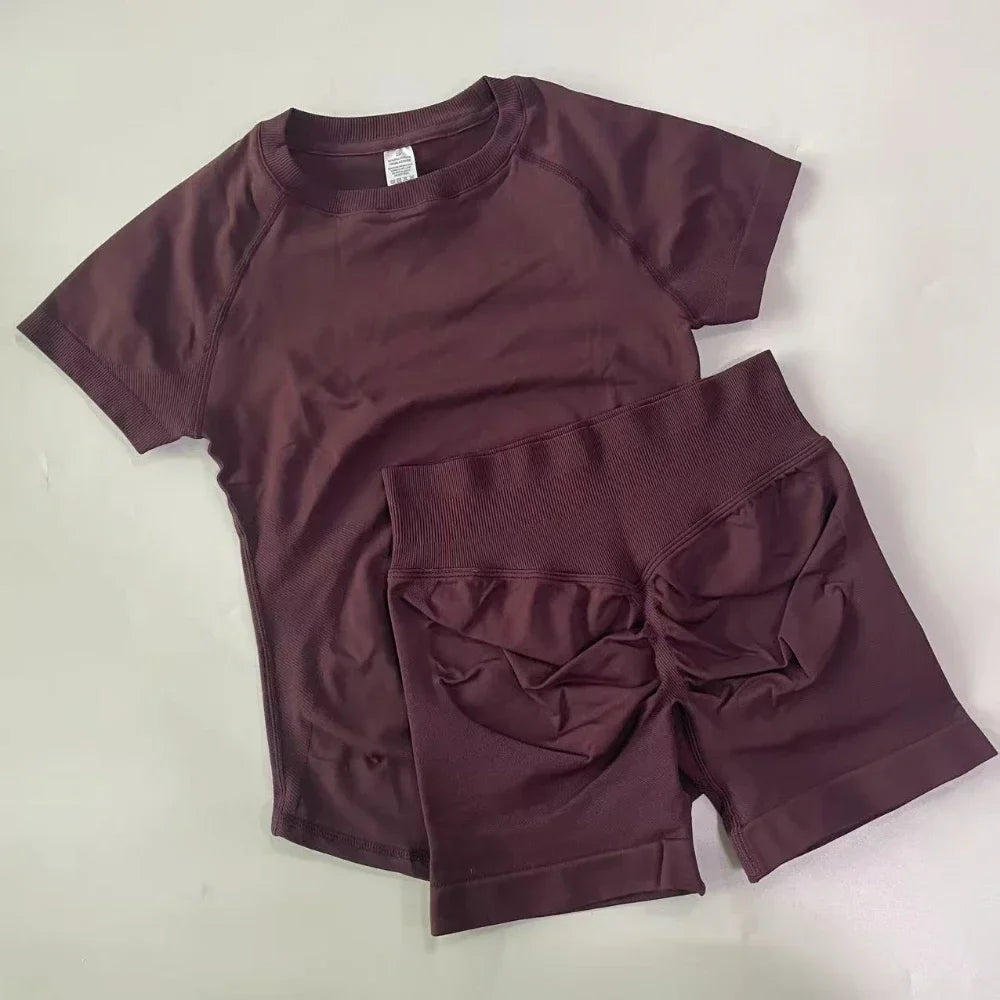 2 Piece Yoga Set Women Outfit Longline Short Sleeve Gym Crop Top High Waist Workout Shorts Sports Suit Fitness Clothes Gym Set