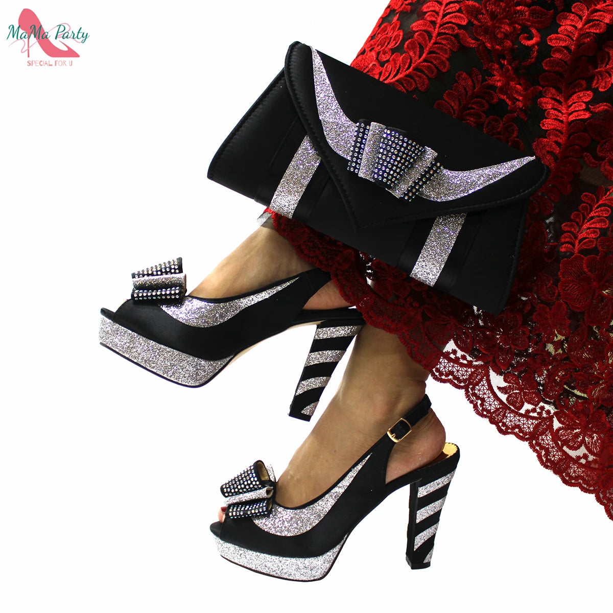 Fashion Pretty Peep Toe African Women Shoes Matching Bag Set in Silver Color Elegant Style Platform Sandals for Party