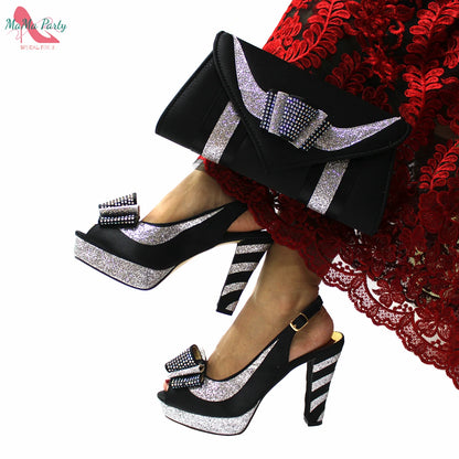 Fashion Pretty Peep Toe African Women Shoes Matching Bag Set in Silver Color Elegant Style Platform Sandals for Party