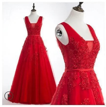 A-line V-neck Tulle Sleeveless Zipper Up Long Prom Applique V Neck Evening Gowns Formal Elegant And Pretty Women's Dresses