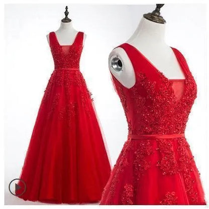 A-line V-neck Tulle Sleeveless Zipper Up Long Prom Applique V Neck Evening Gowns Formal Elegant And Pretty Women's Dresses
