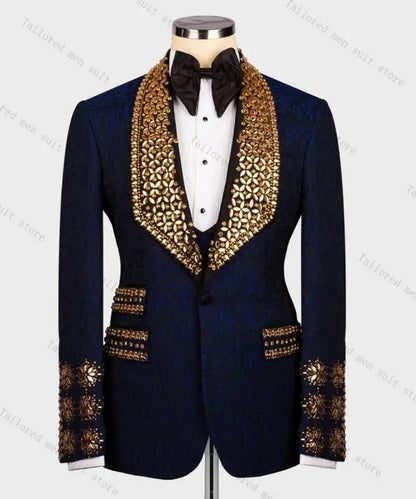 Jacquard Crystals Men Suit Set 2 Pieces Blazer+Pant Formal Office Male Jacket Prom Cotton Coat Trousers Groom Wedding Tuxedos