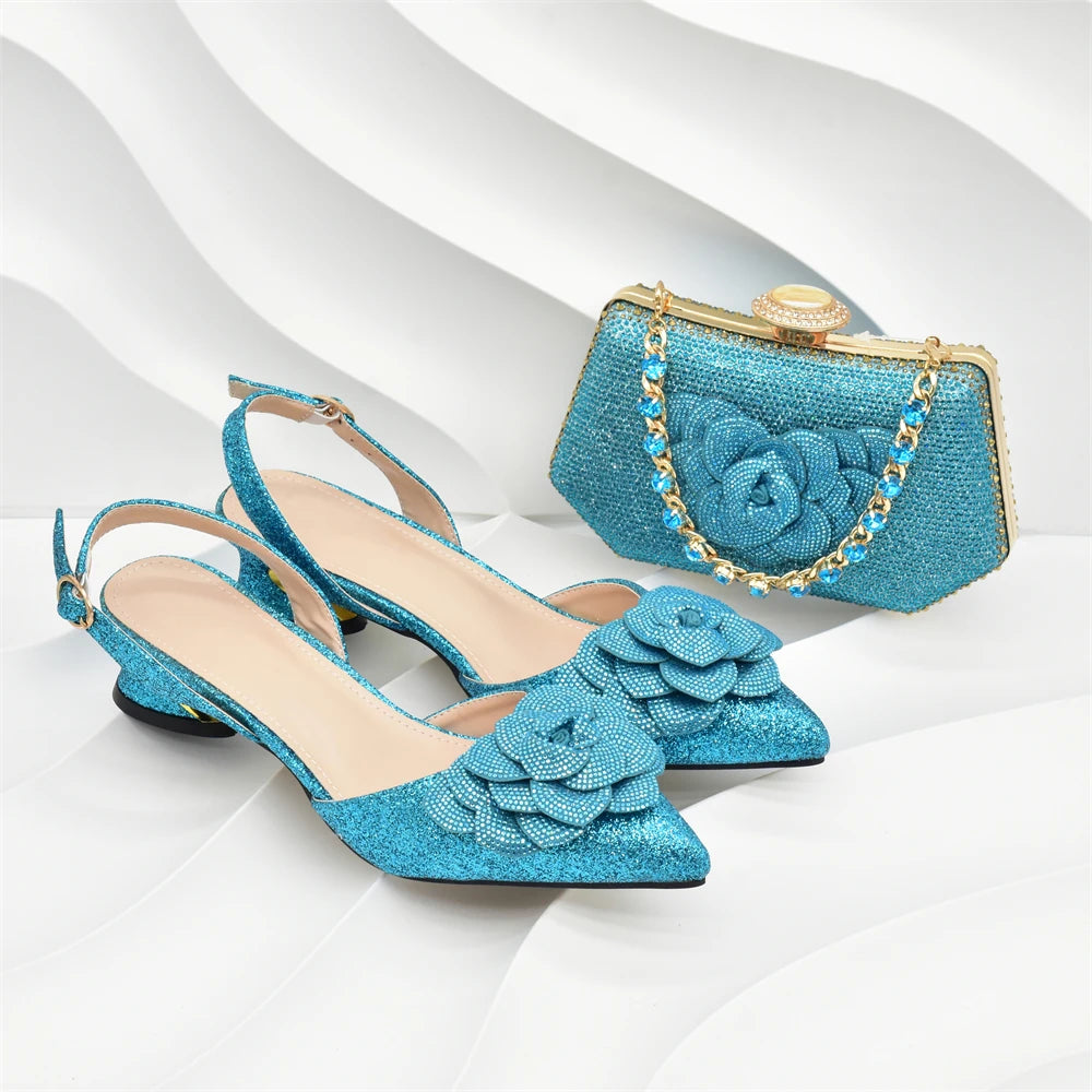 Nigerian Women Shoes and Bag Set Decorated with Rhinestone in Italy African Party Italian Shoe and Bag Luxury Pumps for Wedding