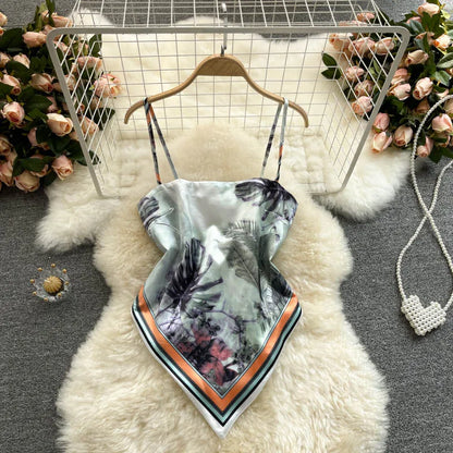 Women Sexy Backless asymmetrical lace-up Camis Print Tank Top Chic One-piece Corset Bustier Summer Beach vacation Crop Top