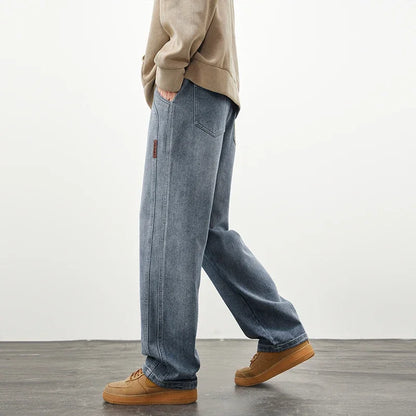 Men's Retro Jeans Elastic Waist Fashion Loose Straight Casual Wide Pants Cotton Casual Korean Baggy Wide Leg Denim Trousers