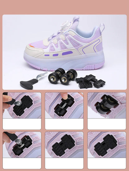 Children Four Wheels Luminous Glowing Sneakers Black Pink Led Light Roller Skate Shoes Kids Led Shoes Boys Girls USB Charging